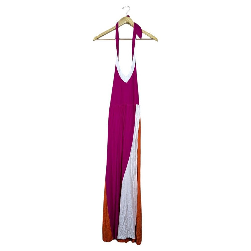 Young Fabulous & Broke Fuchsia Halter Maxi Dress with White & Orange Panels